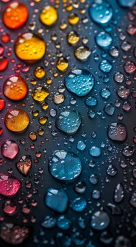Colorful water droplets on a black background with vibrant reflections