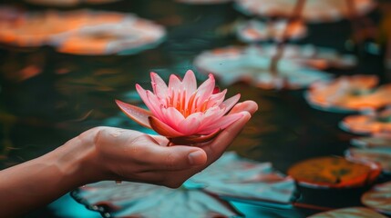 A beautiful lotus flower in a woman's hands. Copy space