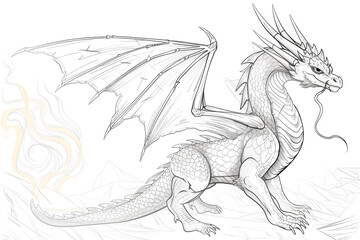 Sketch outline of a dragon with smoke, outlined for coloring, on a white background.