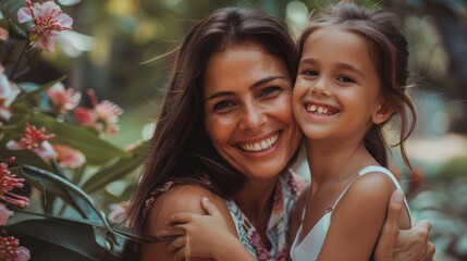 Fototapeta premium Happy, hug and portrait of a mother and woman in a garden on mothers day with love and gratitude. Smile, family and an daughter hugging a senior