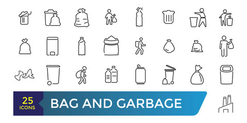 Bag and Garbage for trash icons set. Food garbage, Dirty dustbin. Collection and pack of linear web and ui icons. Editable stroke. Vector illustration