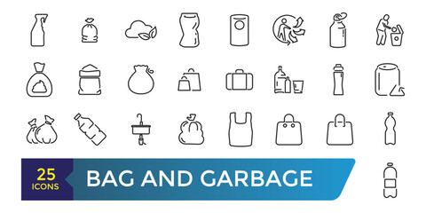 Bag and Garbage for trash icons set. Food garbage, Dirty dustbin. Collection and pack of linear web and ui icons. Editable stroke. Vector illustration