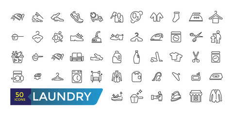 Laundry icons set. Clothes instructions on labels, machine or hand washing icon pack. Collection and pack of linear web and ui icons. Editable stroke. Vector illustration