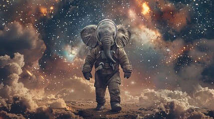 Fototapeta premium Cute elephant in space wearing spacesuit. Exploration concept, space glaxy background, full body