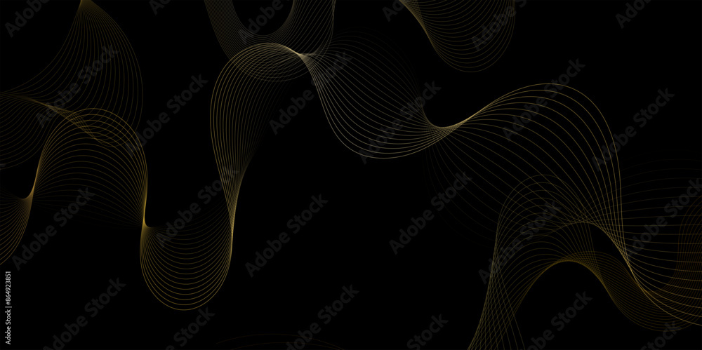 Poster Abstract golden particles wave line on dark black background. Digital glowing futuristic technology concept abstract background. Dynamic waves use for business modern concept, vector illustration.