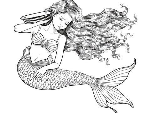 recommend clip art: Sketch outline of a mermaid combing her hair, outlined for coloring, on a white background.