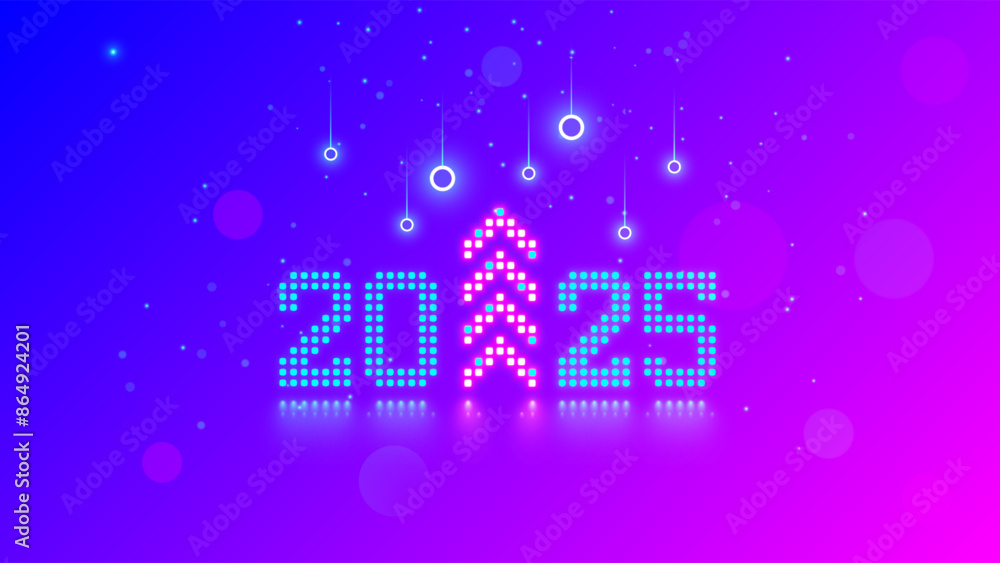 Poster 2025 New Year and Christmas in tech style. 20 25 digits consist of neon dots or pixels. 2025 New Year card digital technology. 2025 text with Christmas tree at up arrow. 2025 design card or calendar.
