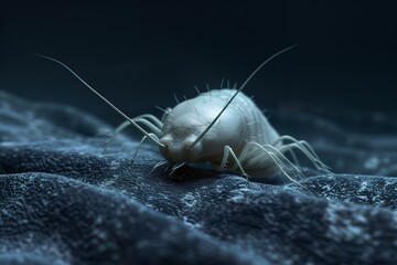 3d rendered illustration of an isolated dust mite on fabric, macro lens, low angle, side view, dark background,