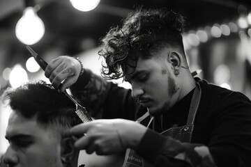 A stylist carefully trims a clients hair with scissors in a barbershop setting, A stylist meticulously cutting and shaping a client's hair with precision and skill