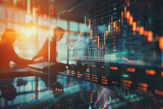 A close-up view of a computer screen displaying stock exchange graph and chart representing increased and decreased price in the trading room. 