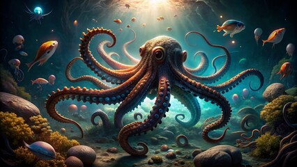 Fototapeta premium Majestic giant octopus sprawls across eerie dark ocean floor surrounded by mysterious shadows and flickering bioluminescent sea creatures.