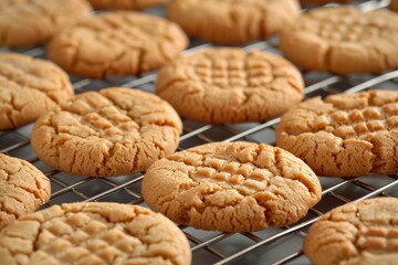 Golden homemade peanut butter cookies on cooling rack