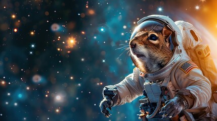 Cute chipmunk in space wearing spacesuit. Exploration concept, space glaxy background, full body 