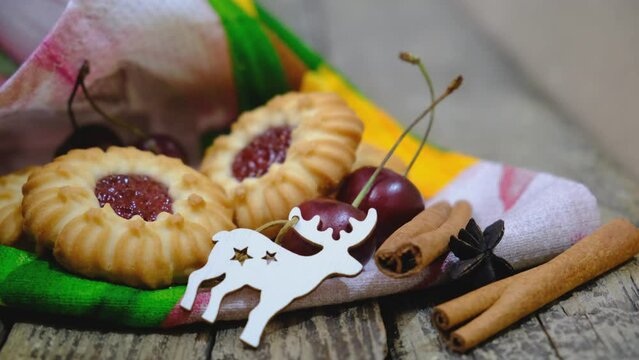 Cookies with cherry jam. Homemade freshly baked shortbread cookies, Christmas atmospheric mood. Happy New Year