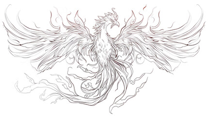 Sketch outline of a phoenix with fiery wings, outlined for coloring, on a white background.
