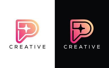 Minimalist professional letter P spark logo design template. Letter P flare light spark logo