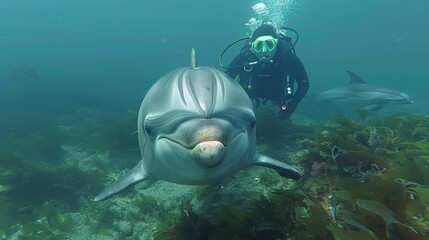 Fototapeta premium Friendly Dolphins Interact with Divers 