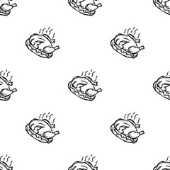 Seamless baked turkey pattern. Drawn baked turkey background. Doodle hand drawn turkey illustration