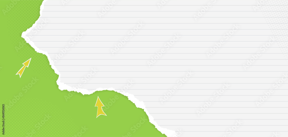 Poster white lined paper strip with torn edges and soft shadow is on green background. advertising banner d