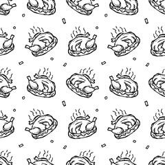 Seamless baked turkey pattern. Drawn baked turkey background. Doodle hand drawn turkey illustration