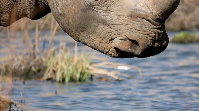 Extreme closeup of dehorned white rhino drinking and looking around in Africa