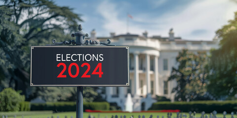 Obraz premium Elections 2024 written in Red on a black sign outside the White House