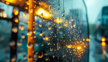 A closeup of a rain-speckled side window, reflecting the warm hues of city lights outside, capturing the rainy night's atmosphere and the blur of urban activity in the background.