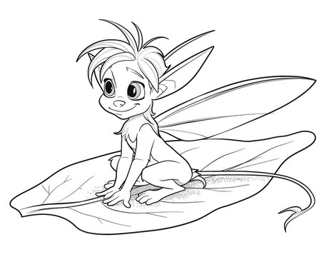 black and white fairy sitting on leaf clip art preview