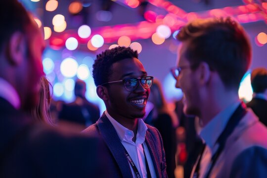 A group of men standing closely together, networking at a pre-event gathering, A successful business executive networking at a prestigious industry event