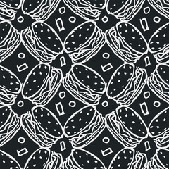 Seamless burger pattern. Drawn hamburger background. Doodle hand drawn hamburger illustration