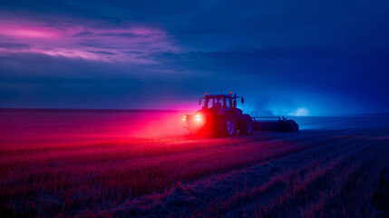 Fototapeta premium Tractor With Red Lights Working In Field Under Deep Blue Night Sky