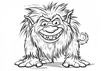 Obraz premium Sketch outline of a troll with a mischievous grin, outlined for coloring, on a white background.