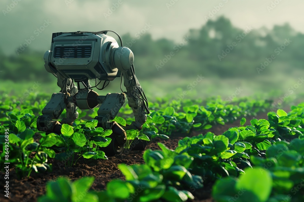 Poster autonomous robot tending to crops in a field. concept of agriculture automation and advanced farming