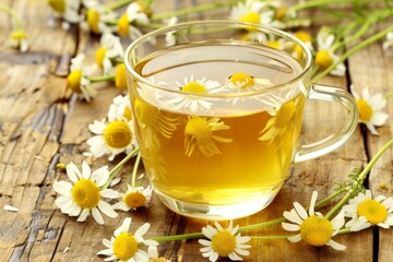 Calming chamomile tea in transparent cup with fresh flowers