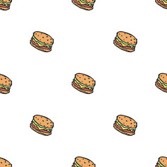 Seamless burger pattern. Drawn hamburger background. Doodle hand drawn hamburger illustration