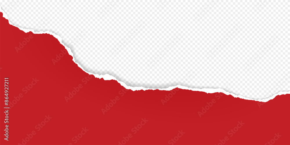 Aufkleber red paper with torn edge and soft shadow is on white squared background for text or ad.
