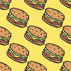 Seamless burger pattern. Drawn hamburger background. Doodle hand drawn hamburger illustration
