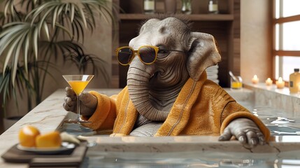 Elephant in spa wearing a robe sunglasses and drinking a martini 