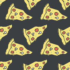 Seamless pizza pattern. Doodle pizza background. Hand drawn illustration with pizza icons. Fast food pattern