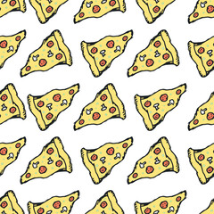 Seamless pizza pattern. Doodle pizza background. Hand drawn illustration with pizza icons. Fast food pattern