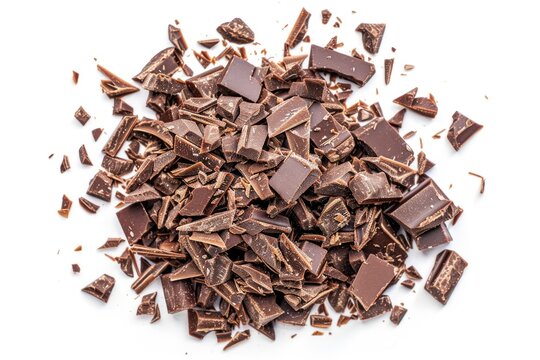 A close-up shot of assorted chocolate pieces arranged on a clean white surface