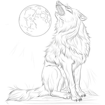 recommend clip art: Sketch outline of a werewolf howling at the moon, outlined for coloring, on a white background.