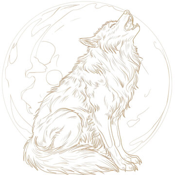 recommend clip art: Sketch outline of a werewolf howling at the moon, outlined for coloring, on a white background.
