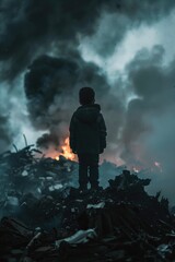 A person stands atop a pile of debris, surrounded by destruction