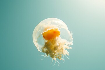 Yellow jellyfish swimming in turquoise water with sunbeam
