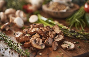 Obraz premium SemiBe Brazilian Fibras cut into pieces of brown mushrooms and green asparagus on the wooden table surrounded by various vegetables, in a warm kitchen background with soft lighting. It is a closeup sh
