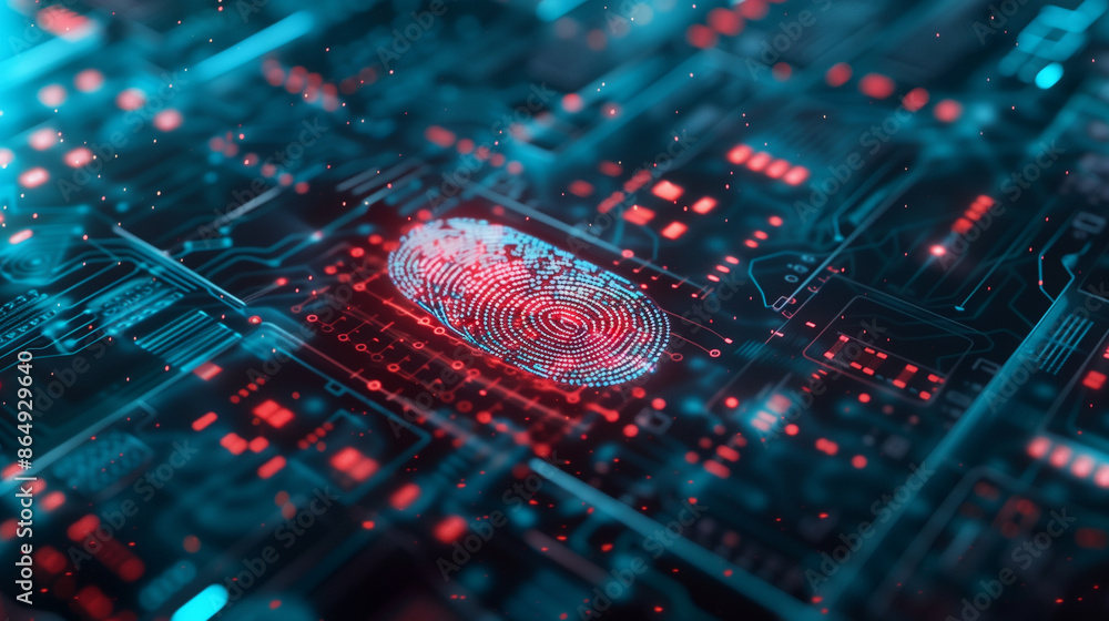 Poster futuristic cyber security technology linked with fingerprint authentication digital data protection 