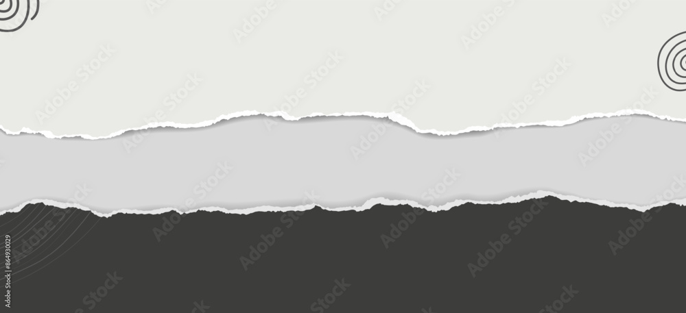 Poster black and white paper strips with torn edges and soft shadow are on grey background for text or ad.