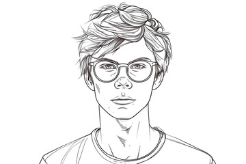 Sketch outline of an attractive young man with glasses, outlined for coloring, on a white background.