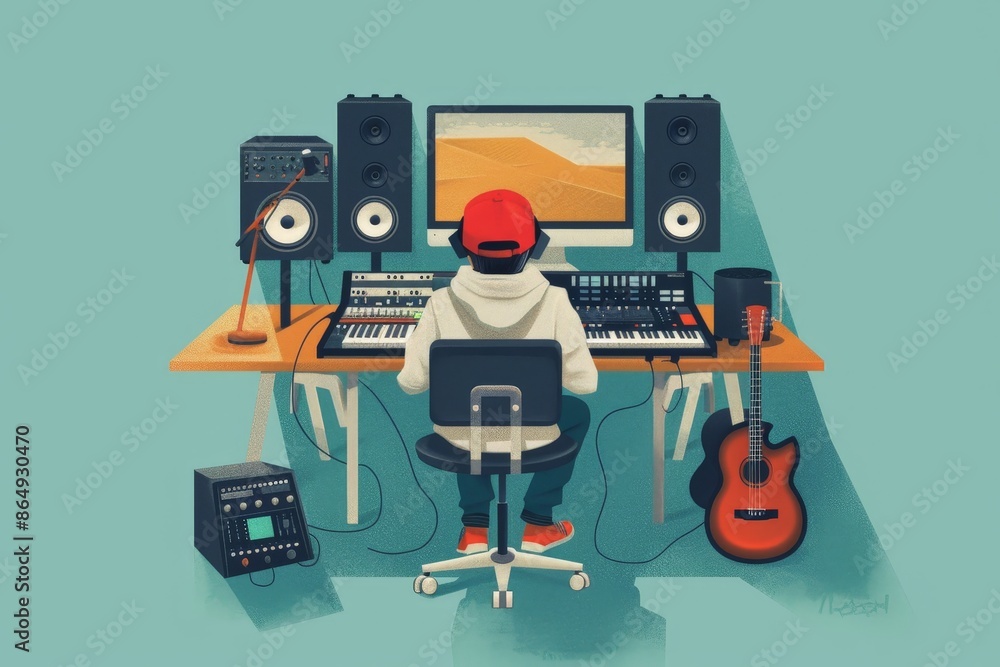 Poster minimalist 2d vector illustration of music producer in recording studio emphasizing technical and cr